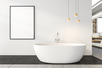 Fototapeta na wymiar Close view on bright bathroom interior with bathtub, empty poster