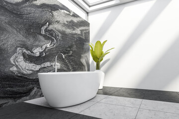 Corner view on bright bathroom interior with bathtub