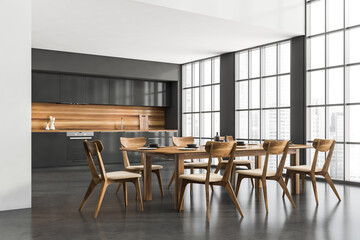 Fototapeta premium Corner view on kitchen room interior with concrete floor