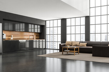 Corner view on kitchen room interior with concrete floor