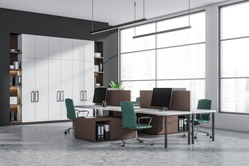 Corner view on dark office room interior with panoramic window