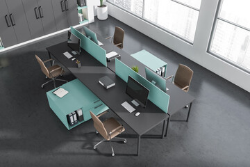Top view on dark office room interior with panoramic window