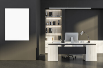 Fototapeta na wymiar Dark office room interior with empty white poster, desktop, armchairs
