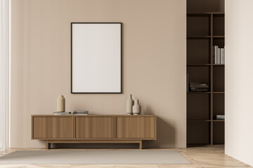 Bright living room interior with white empty poster