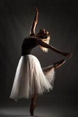 ballerina with a white dress and black top posing on gray background. © Nikola Spasenoski