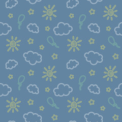Gpaphic vector seamless pattern with sun, clouds, stars and balloons on a light blue background. It's suitable for baby fabric or textile, children clothes or other printable items. 