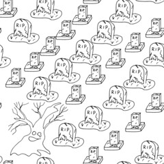 Hand drawn seamless Helloween pattern of horror  tree and  cemetery, helloween symbols for textiles and printed matter. Vector illustration.