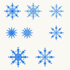 Collection of blue ice crystal snowflakes