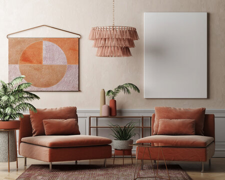 Mock Up poster in  Living room summer style, palms, and home decoration, 3d illustration