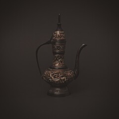 Vintage traditional islamic oriental engraved pitcher handmade on dark background. Elegant arabian antique tall metal jug.