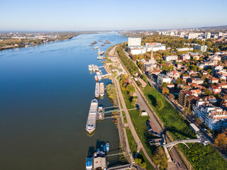 Obraz premium Aerial view of Danube River and City of Ruse, Bulgaria