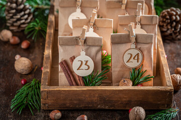 Creative Christmas Advent Calendar in an old wooden drawer