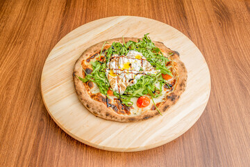 Small Italian Pizza with Mozzarella Cheese, Arugula, Roasted Whole Cherry Tomatoes, Cream Cheese with Olive Oil and Balsamic Vinegar