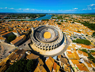 The aerail view of Arles, a city on the Rhône River in the Provence region of southern France