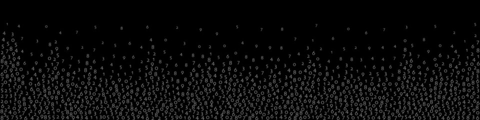 Falling numbers, big data concept. Binary white flying digits. Indelible futuristic banner on black background. Digital vector illustration with falling numbers.