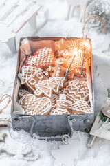 Tasty Christmas gingerbread cookies in old metal  box