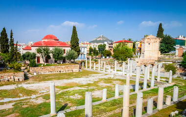 Beautiful Roman Agora and Tower of the Winds in Plaka District, Athens, Greece.