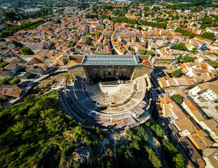 The aerial view of Orange, an old Roman city in the Vaucluse department in the Provence-Alpes-Côte d'Azur region in Southeastern France