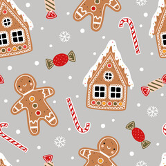 Christmas seamless pattern. Gingerbread man, candy cane, gingerbread house, candies, snowflakes on a grey background