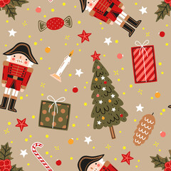 Christmas seamless pattern. Nutcracker, christmas tree, gifts, candies, candles, conifer cone on a beige background