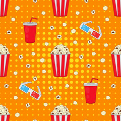 Popcorn, 3D glasses and soda seamless pattern in pop art style