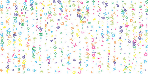 Falling letters of English language. Colorful messy sketch flying words of Latin alphabet. Foreign languages study concept. Enchanting back to school banner on white background.