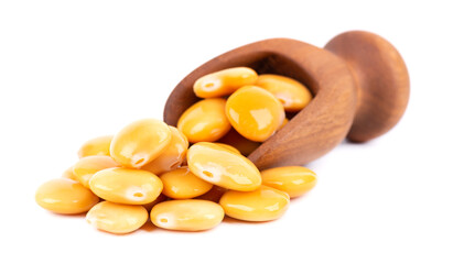 Pickled yellow lupine beans in wooden scoop, isolated on white background. Tournus, preserved lupinus.