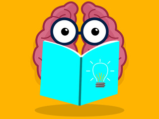 pink colored brain, cartoon with eyes, holding a book and studying