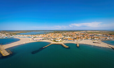 The aerial view of Saintes-Maries-de-la-Mer,  the capital of the Camargue in the south of France