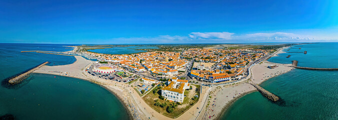 The aerial view of Saintes-Maries-de-la-Mer,  the capital of the Camargue in the south of France