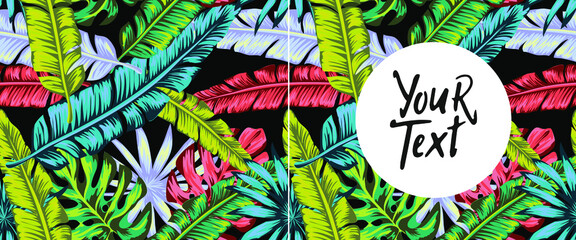 Set of patterns and backgrounds for flyers or posts for social networks, exotic hibiscus flowers and palm leaves. Summer floral print with plants. Wallpaper nature. black punk tropics 