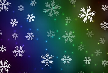 Fototapeta na wymiar Dark Blue, Green vector background with beautiful snowflakes, stars.