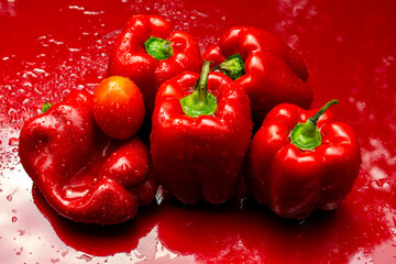Tomato on top of red bell peppers with water sprayed on them 