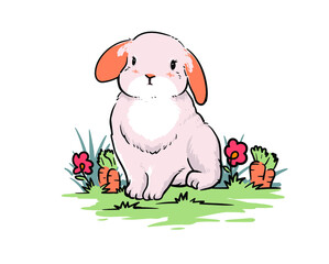 Cute bunny in carrot garden