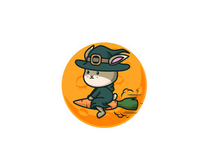 Flying rabbit witch with magic broom