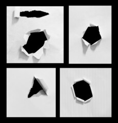 Ripped hole paper isolated on black background, empty space for text.