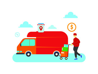 Online delivery service concept, online order tracking, delivery home and office. Warehouse, truck, drone, scooter and bicycle courier, 