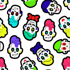 Seamless pattern with colorful funny skulls. Pattern with sugar skulls.