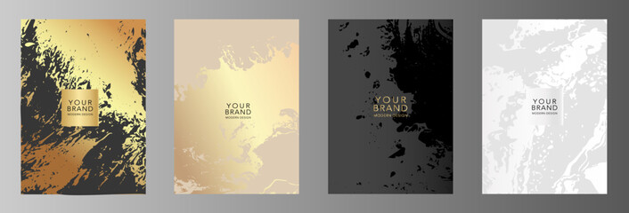 Modern luxury cover design set. Elegant fashionable background with abstract marble, liquid pattern in gold, black, silver color. Premium vector template for elite menu, flyer, card, web design.