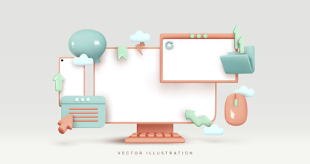 Screen device mockup. Mock up Desktop computer, blank screen monitor. Mobile phone and tablet. Creative business concept idea. Realistic 3d design Icons Message, dialog, files. Vector illustration