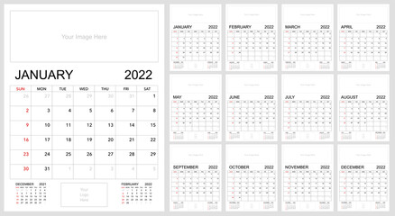 2022 Calendar Vertical Template. Calendar with Previous and Next Month in Each Page. Template with Space to Insert Photo and Logo. Letter Format Vector Illustration, Printable in Bigger Sizes.