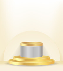 Vector 3D shape product display presentation cylinder pedestal podium gold for cosmetic product together with yellow backdrop