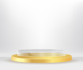 Studio room concept Transparent cylinder podium for cosmetic product presentation. vector 3d illustration with geometric shapes.  minimal design with  Abstract modern