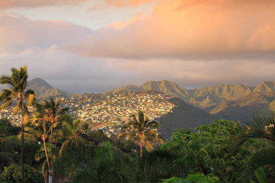 residential area in the hills and mountains behind Waikiki, Oahu, Hawaii at sunset