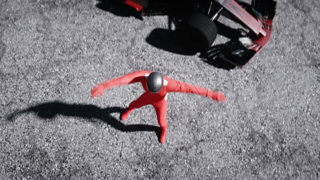 Funny racer is dancing on stadium. Realistic 4k animation.