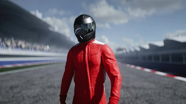 The racer is walking on stadium. Realistic 4k animation.