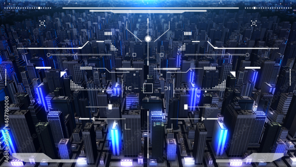 Poster hud screen monitoring aerial flying view smart city security check illustration background