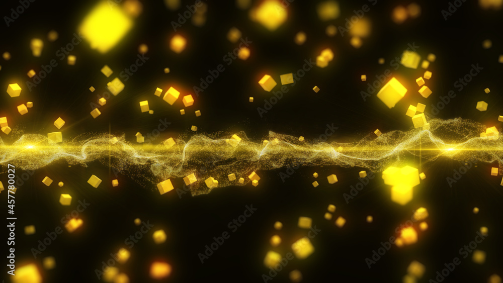 Poster Abstract Gold Particle Organic Swirl Pattern with 3D Cubic Glow Blur Illustration Background	

