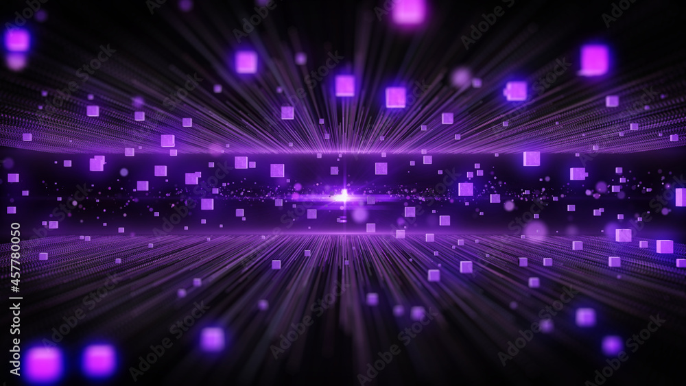 Poster fantastic purple color particle blur bokeh straight line fly through with glow cubic illustration ba