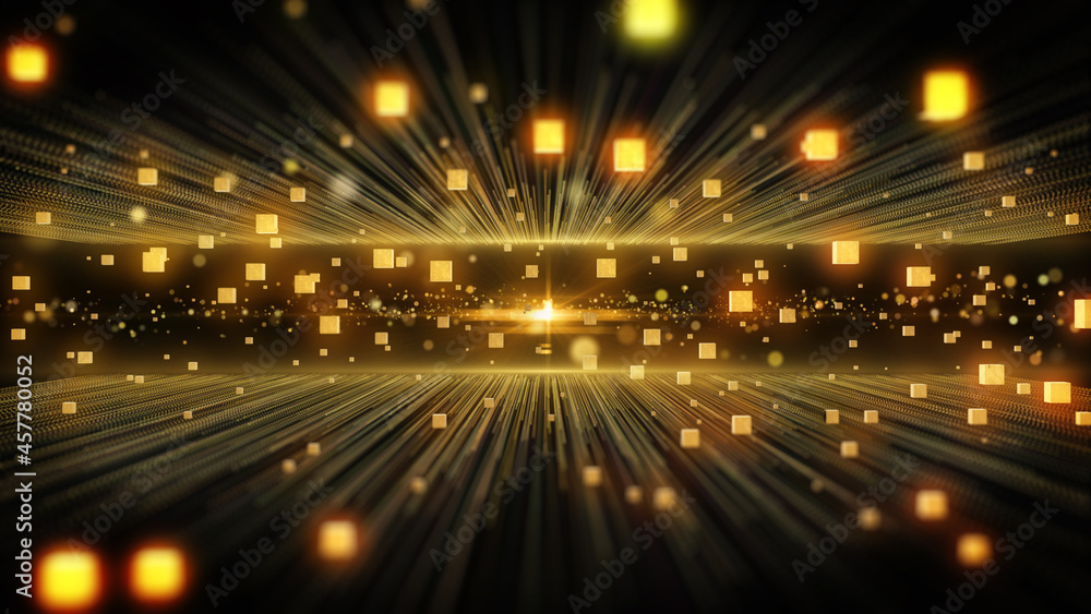 Poster Gold Particle Blur Bokeh Straight Line Fly Through With Glow Cubic Illustration Background